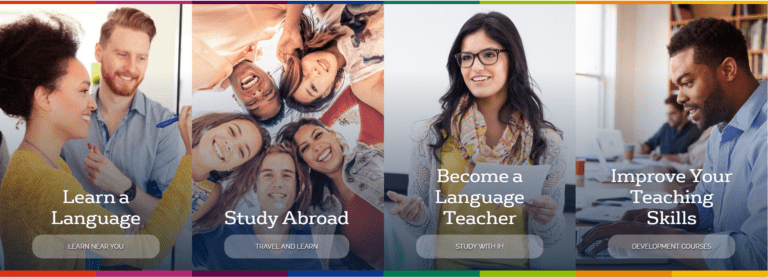 Four panels show groups of people engaging in learning activities with text: Learn a Language, Study Abroad, Become a Language Teacher, and Improve Your Teaching Skills.