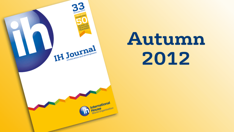 Cover of IH Journal, Autumn 2012 edition, with International House logo and text celebrating 50 years of teacher training.