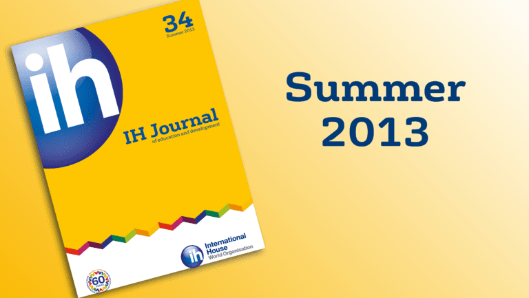 Cover of IH Journal issue 34, Summer 2013, with the IH logo and colorful zigzag design, set against a yellow background with "Summer 2013" in large blue text.