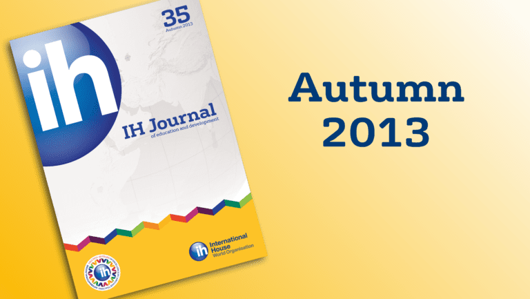 Cover of IH Journal, Issue 35, Autumn 2013, featuring a large "ih" logo and International House World Organisation branding on a yellow background.
