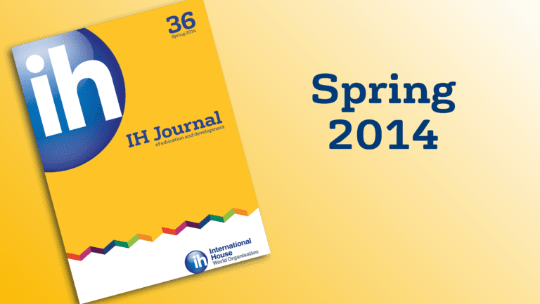 Cover of the IH Journal, issue 36, Spring 2014, featuring a yellow background and the International House World Organisation logo.