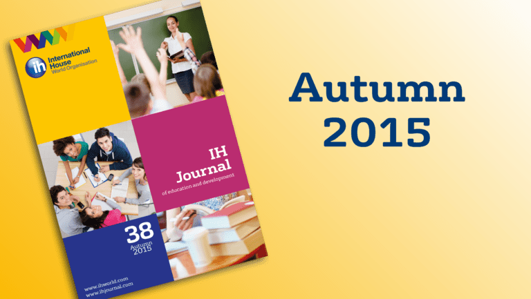 Magazine cover titled "IH Journal of education and development, 38 Autumn 2015" with images of students and teachers, alongside the text "Autumn 2015" on a yellow background.