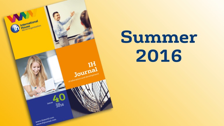 Cover of IH Journal Issue 40, featuring a man teaching and a woman studying, with "Summer 2016" text on a yellow background.