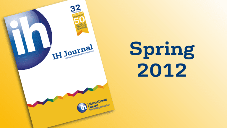 Cover of the IH Journal Spring 2012 edition, featuring the International House logo and a banner celebrating 50 years of teacher training.
