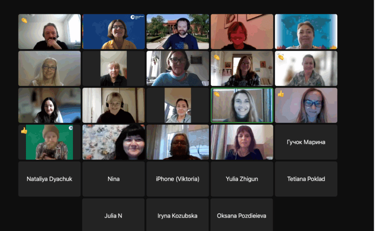 Screenshot of a virtual meeting with 20 participants, most with cameras on and some joined by phone or with cameras off; names are displayed below each video window.