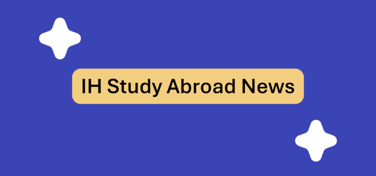 A blue background with two white star shapes and a yellow rectangle in the center displaying the text "IH Study Abroad News" in black letters.