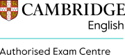 Cambridge English logo with crest on left, black text reading "Cambridge English" and "Authorised Exam Centre" beneath a blue line.