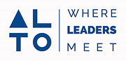 Blue and white logo with the text "ALTO | WHERE LEADERS MEET" featuring geometric shapes forming the letters "A" and "L".