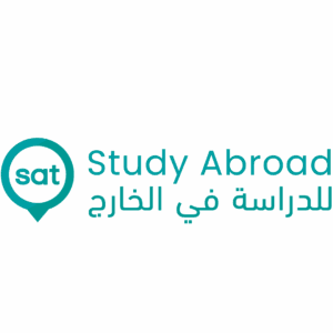 Logo with the text "sat Study Abroad" and its Arabic translation "للدراسة في الخارج" on a white background. A teal location pin icon surrounds "sat".