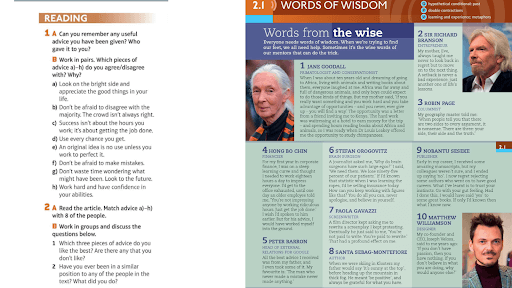Two textbook pages: the left page has reading activities with numbered questions; the right page features advice and photos of notable people under the heading "Words of Wisdom.
