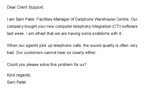 A letter from Sam Patel to client support reporting poor sound quality with new CTI software and requesting a solution.