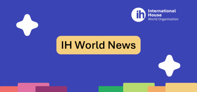 A blue graphic with "IH World News" in a yellow box centered, the International House World Organisation logo in the top right, and colored rectangles at the bottom.