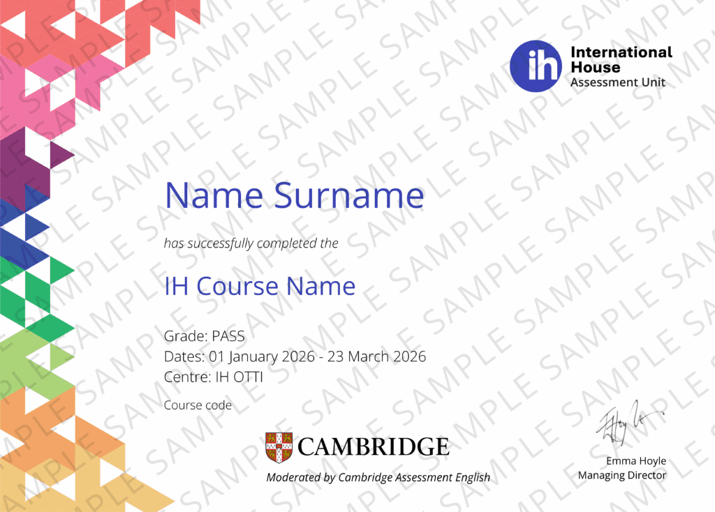 Sample of IH AU certificate with Cambridge logo