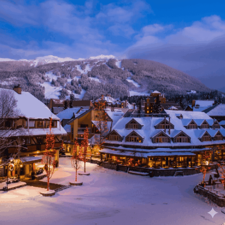 A snow-covered village square at dusk. Buildings are illuminated with festive red holiday lights, and snow-capped mountains rise in the background under a blue, cloudy sky.