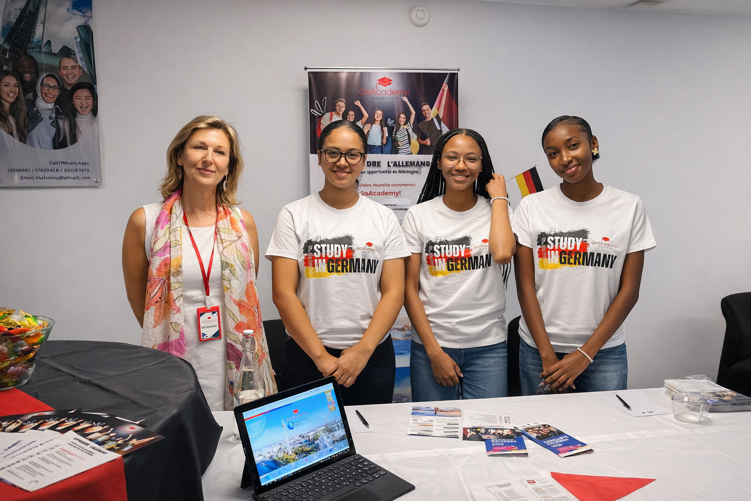 Four women stand behind a table with brochures and a laptop at a "Study in Germany" event; three wear matching t-shirts and one is in business attire.