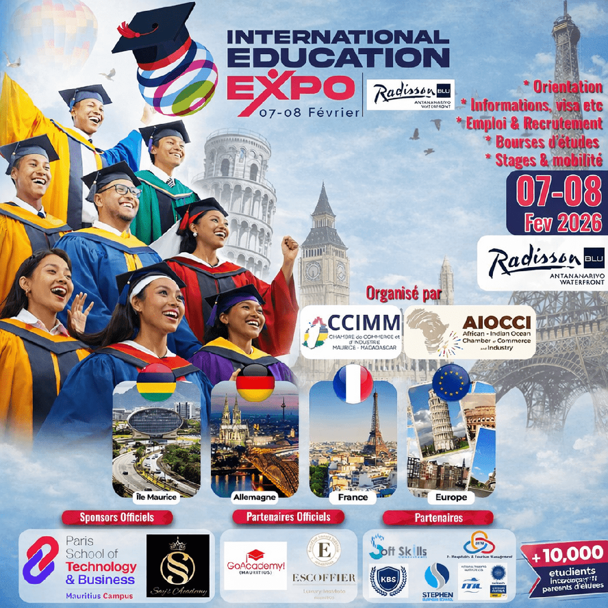 Poster for the International Education Expo on February 7-8, 2026, in Antananarivo, featuring graduates, country flags, and event details about orientation, recruitment, and scholarships.
