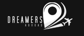 Logo for "Dreamers Abroad" featuring a location pin and a small airplane graphic on a black background.