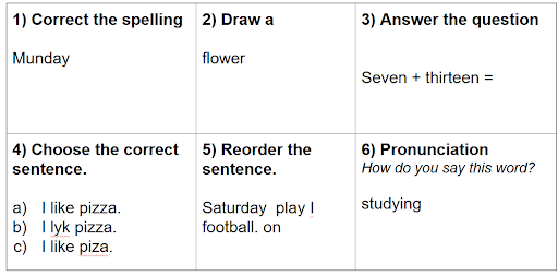 A worksheet with six English exercises, including spelling correction, drawing, a math question, sentence choice, sentence reordering, and pronunciation practice.
