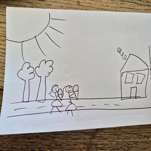 Child’s drawing of two people walking on a path with trees, a sun in the sky, and a house with a crooked roof in the background.