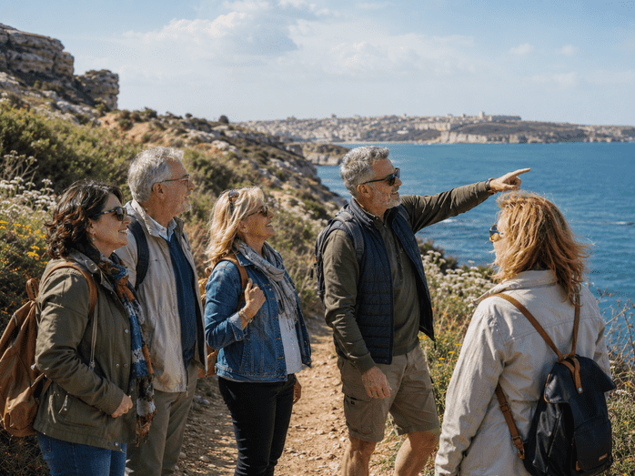 A group of people hiking on a scenic cliffside path overlooking the sea.