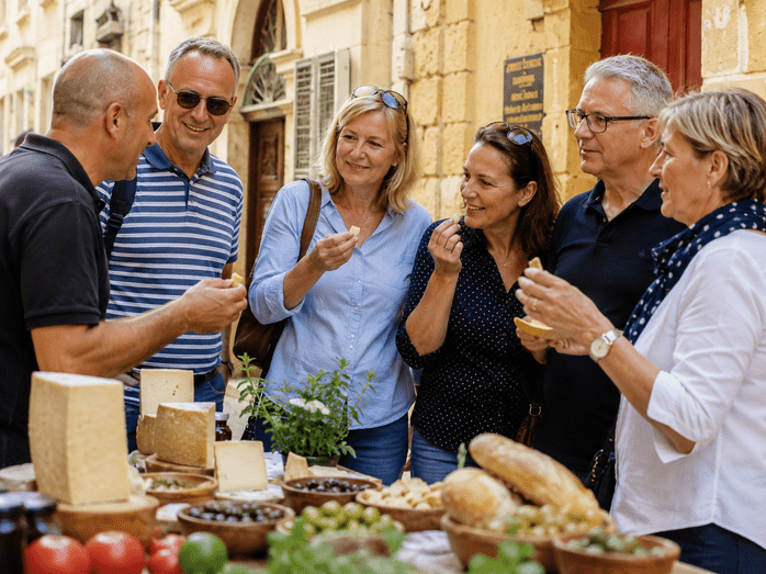 A group of adults gathered around an outdoor table tasting local cheeses and food products in a historic street.