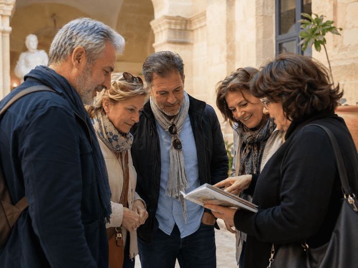 A group of adults standing together in an open-air courtyard, looking down at a brochure or booklet held by one of them.
