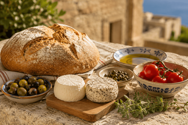 A rustic spread of local Maltese food on a stone surface, featuring crusty round bread, fresh goat cheese wheels, olives, capers, cherry tomatoes, and a bowl of olive oil.